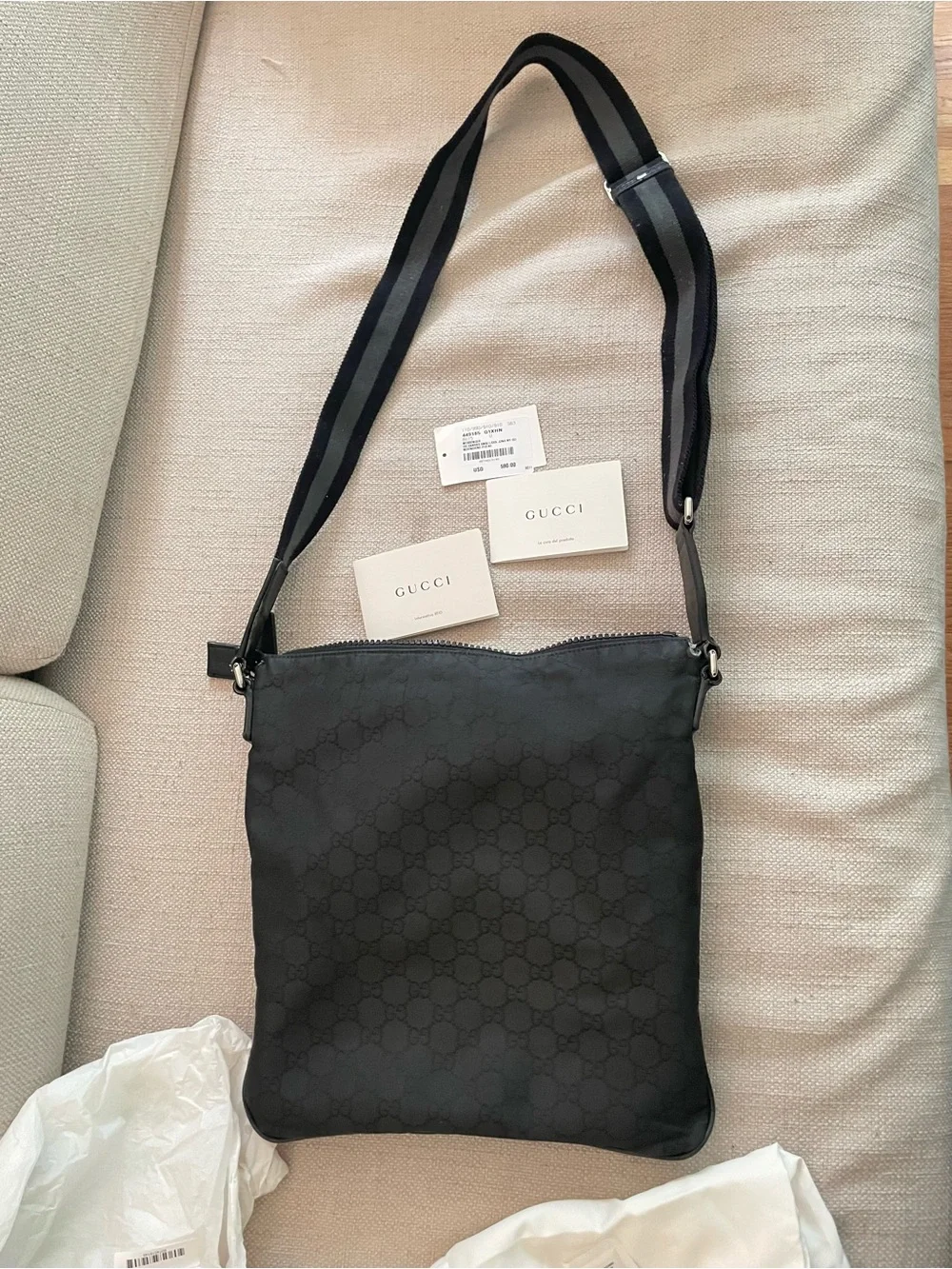 Gucci Black Monogram Crossbody Messenger Bag with Striped Strap